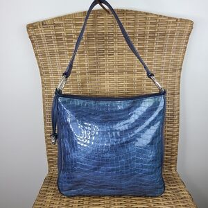 Brighton Cher Shoulder Bag Crocodile Embossed Leather Glossy Blue Heart Charm